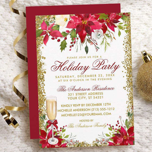 Julfesten för Blommigt av champagne Glass Inbjudningar (Customize to change text color, size, style or to change color of back of card.)