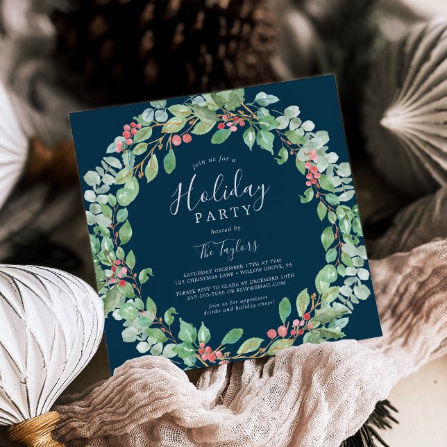 Julfesten för Jul Greenery WAN Navy Inbjudningar (Christmas Greenery Wreath Navy Holiday Party Invitation)