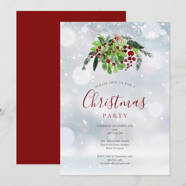 Julfesten  från Snöflingor, Jul Red Berries Inbjudningar (Fram/baksida)