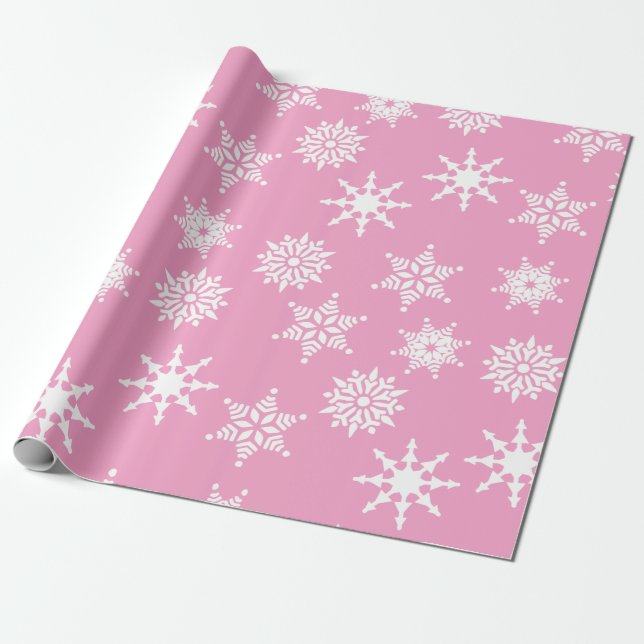 Julfesten Girly Rosa Snöflingor Stars Presentpapper (Utrullad)