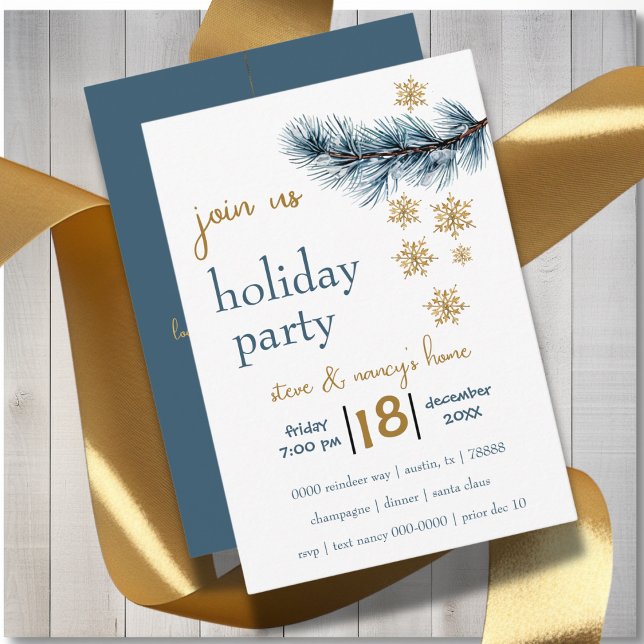 Julfesten gräs Gren och Guld Snöflingor Inbjudningar (Modern holiday party invite with gold snowflakes and pine branch you can customize. )