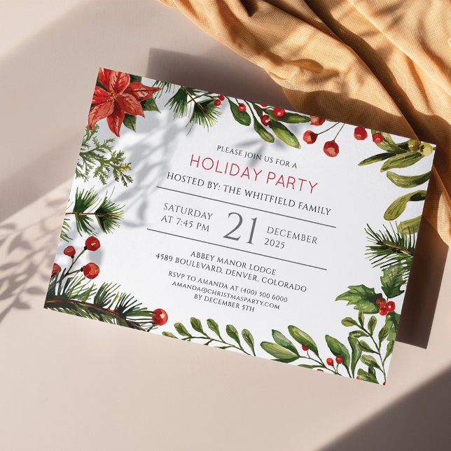 Julfesten Greenery Modern Watercolor Inbjudan Vykort (Botanical Floral Poinsettia Christmas Party Invitation Postcard)