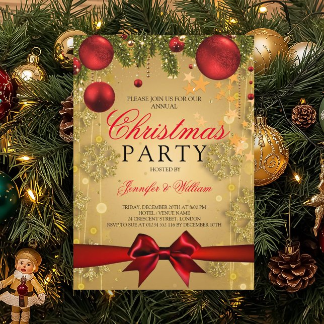 Julfesten Guld & Red Glam jul Inbjudningar (Gold & Red Glam Christmas Holiday Party Invitation)