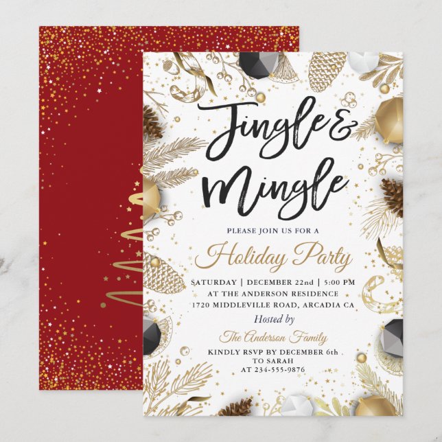 Julfesten Jingle och Mingle Red Guld Inbjudningar (Fram/baksida)