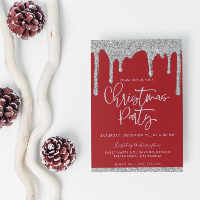 Julfesten Jul Red Silver Glitter Drives Inbjudningar (Skapare uppladdad)