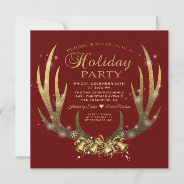 Julfesten Luxury Red Gold Foil Antlers Inbjudningar (Framsida)