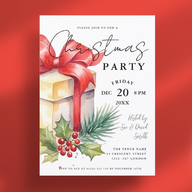 Julfesten Modern  i Watercolor Gift Julafton Inbjudningar (Modern Script Watercolor Gift Xmas Holiday Party Invitation)