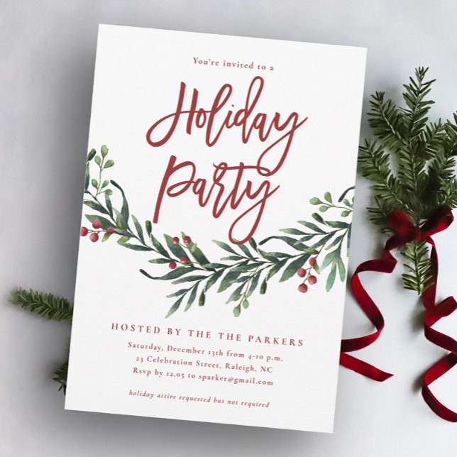 Julfesten Modern Red Script Greenery Inbjudningar (Skapare uppladdad)