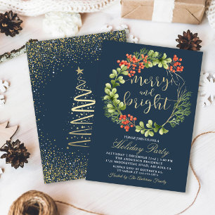 Julfesten Navy Blue Merry Bright Holly Berries Inbjudningar