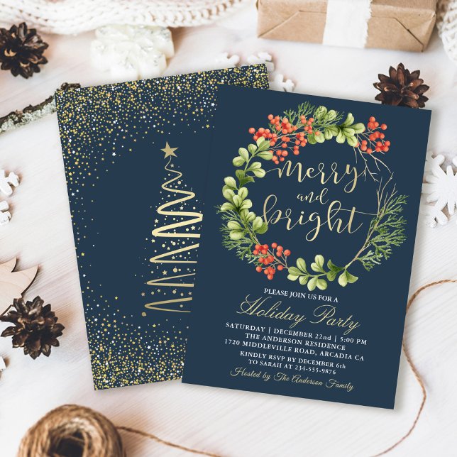 Julfesten Navy Blue Merry Bright Holly Berries Inbjudningar (Skapare uppladdad)