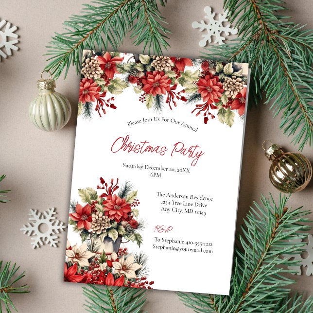 Julfesten Poinsettia jul Inbjudningar (Poinsettia Vintage Christmas Holiday party invitation)