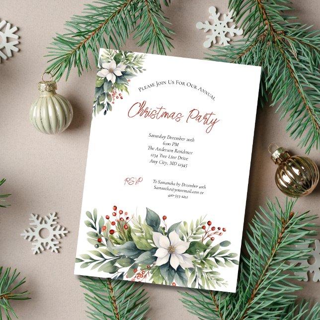 Julfesten Poinsettia Red Berries jul Inbjudningar (Poinsettia Greenery Christmas Holiday Party Invitation Printed or Digital Instant Download)
