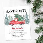 Julfesten Red Lastbil jul Spara datum Meddelande Vykort<br><div class="desc">Rustik vattenfärg sparar datumet julafton vykort med en enkel vit bakgrund,  vattenfärgsskarpa träd,  en vintage röd lastbil,  en julafton träd och en traditionell mall för att spara party som är lätt att anpassa.</div>