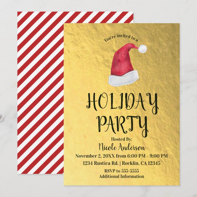 Julfesten Red Santa Hat i Shiny Guld Inbjudningar (Fram/baksida)