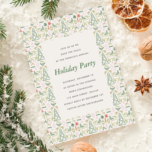 Julfesten Röda och Grönt Skandinavien Mönster Inbjudningar (Red and Green Scandinavian Pattern Holiday Party Invitation)