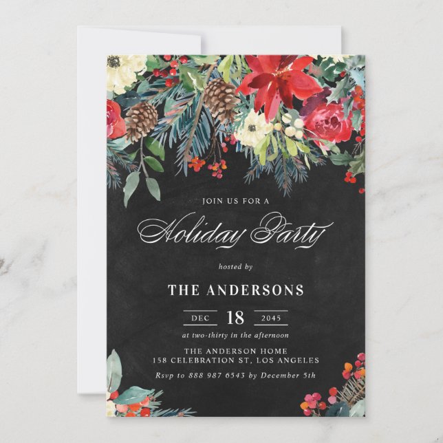 Julfesten Rustic Watercolor Poinsettia Garland Inbjudningar (Framsida)