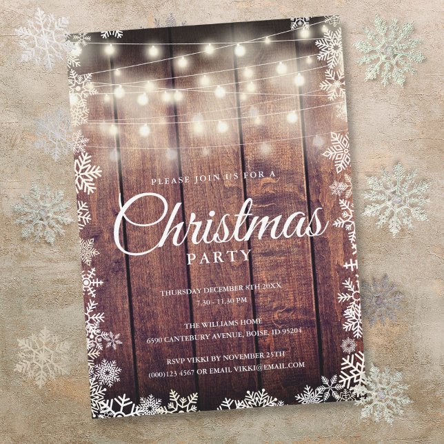 Julfesten Rustic Wood String Ljus jul Inbjudningar (Rustic Wood String Lights Christmas Holiday Party Invitation)