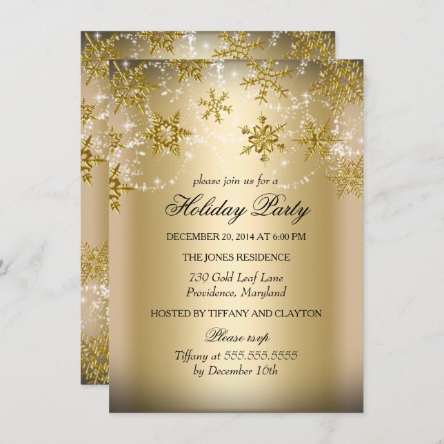Julfesten Shimmer Snowflake Guld jul Inbjudningar (Fram/baksida)