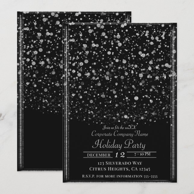 Julfesten silver & Black Confetti Splatter Inbjudningar (Fram/baksida)