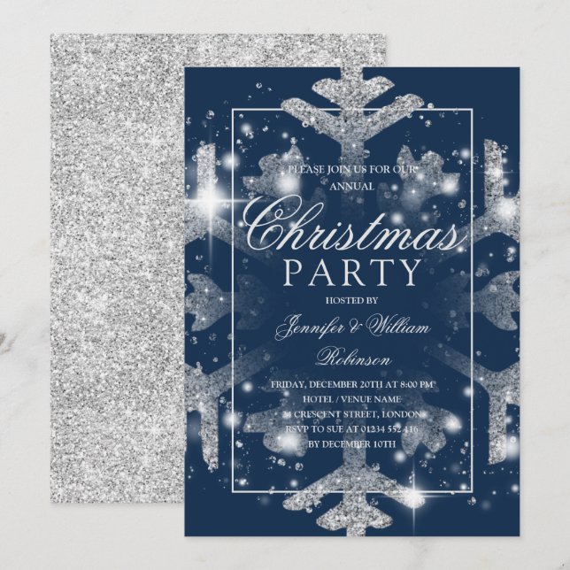 Julfesten Silver Navy Snowflake Julafton   Inbjudningar (Fram/baksida)