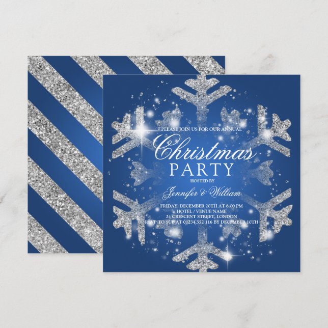 Julfesten Silver och Blue Glitter Snowflake Julaft Inbjudningar (Fram/baksida)