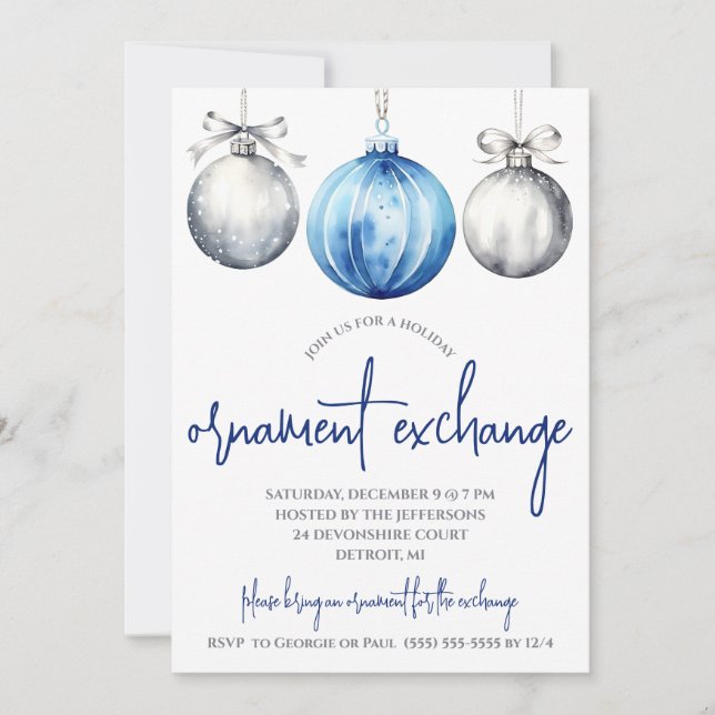 Julfesten Silver och Blue Ornament Exchange Inbjudningar (Framsida)