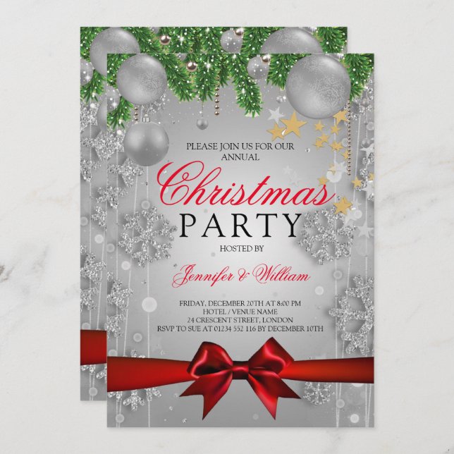 Julfesten Silver & Red Glam jul Inbjudningar (Fram/baksida)