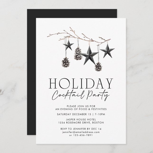 Julfesten Svartvit vattenfärgsdekorationer Inbjudningar (Fram/baksida)