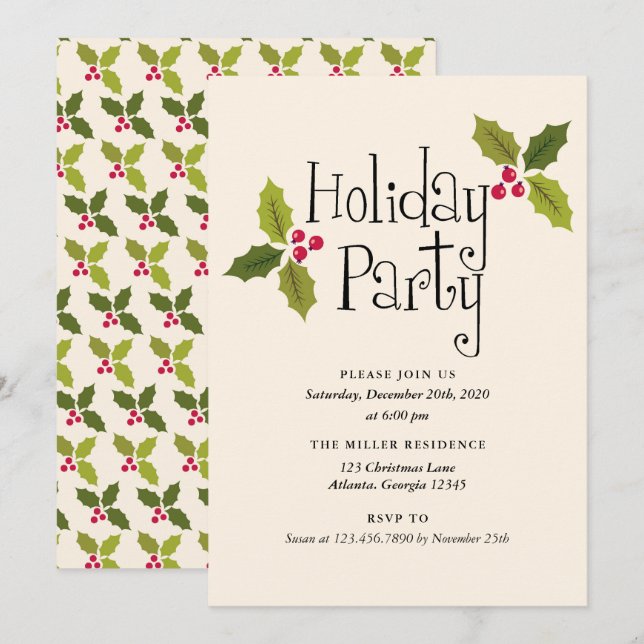 Julfesten Typography Holly Berries och Löv Inbjudningar (Fram/baksida)