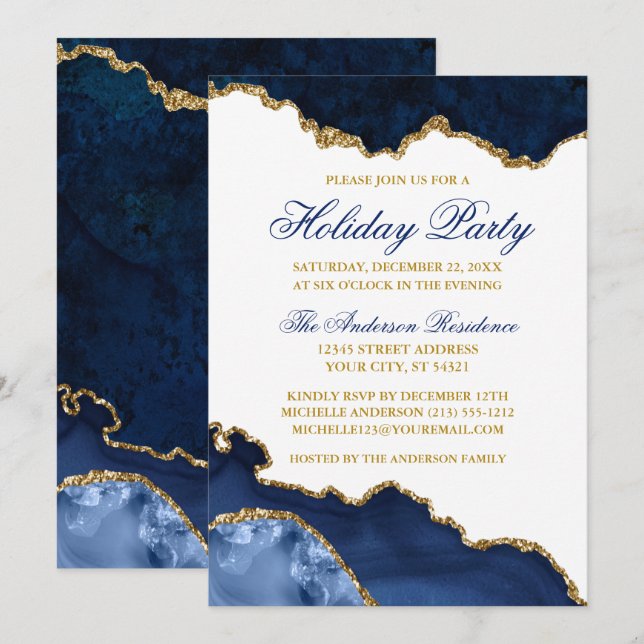 Julfesten Watercolor Blue Marble Geode Guld Inbjudningar (Fram/baksida)