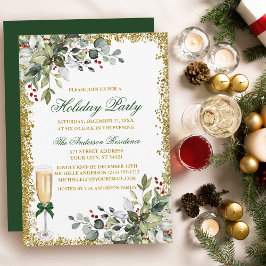 Julfesten Watercolor Greenery Berries Glitter Inbjudningar