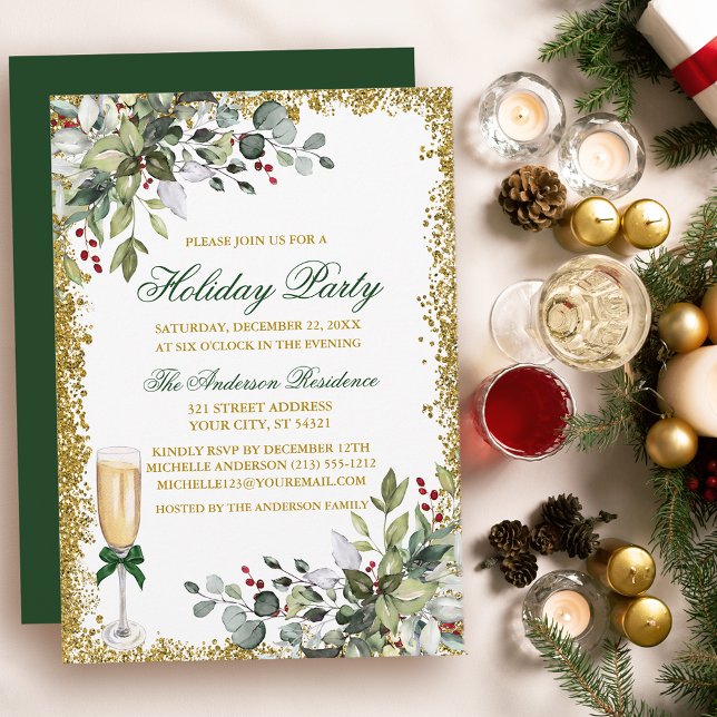 Julfesten Watercolor Greenery Berries Glitter Inbjudningar (Customize to change text color, size, style or to change color of back of card.)