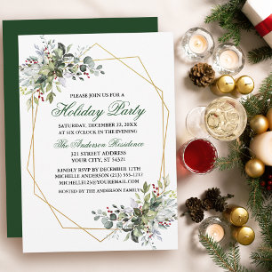 Julfesten Watercolor Greenery Berries Guld Inbjudningar