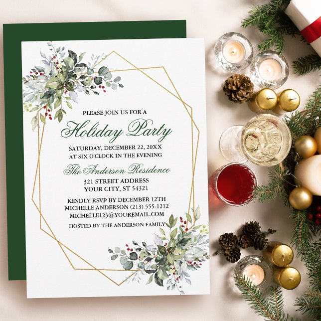 Julfesten Watercolor Greenery Berries Guld Inbjudningar (Customize to change text color, size, style or to change color of back of card.)