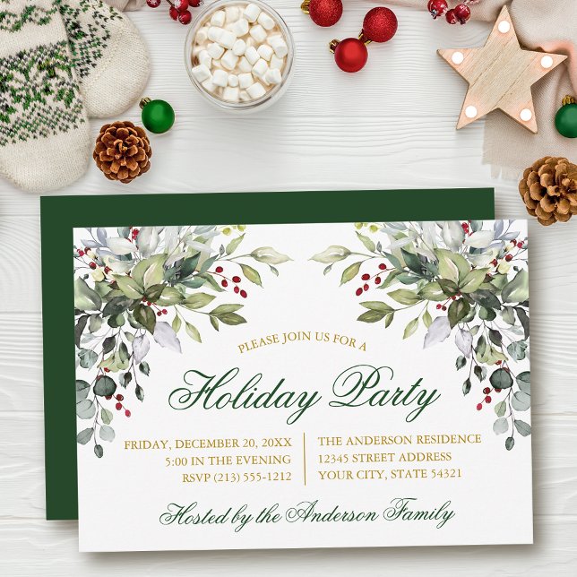 Julfesten Watercolor Greenery Holly Guld Inbjudningar (Customize to change text size, color, style or to change color of back of card.)