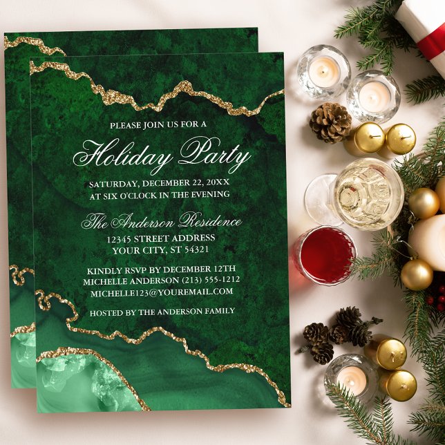 Julfesten Watercolor Grönt Guld Marble Geode Inbjudningar (Customize to change text size or text style.)