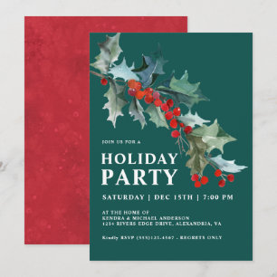 Julfesten Watercolor Holly och Berries Teal Inbjudningar