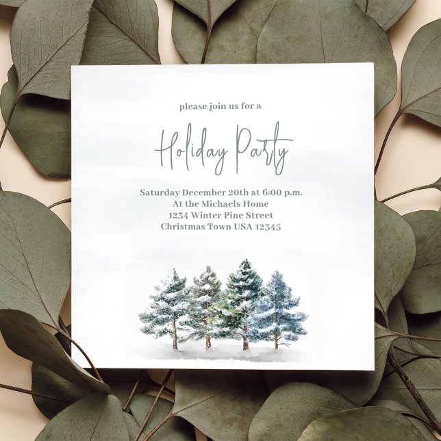 Julfesten Watercolor Winter Gräs Träd Inbjudningar (Holiday party invitation with watercolor winter pine trees. )