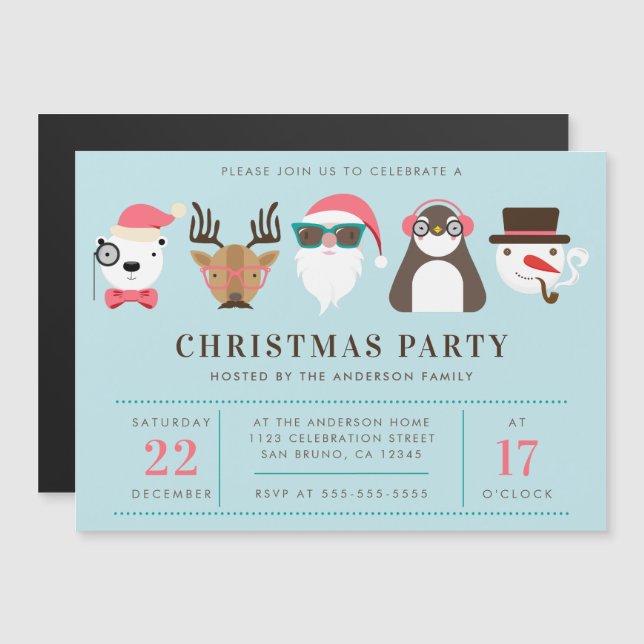 Julfestinbjudan till Hipster Santa & Friends Magnetisk Inbjudningskort (Fram/baksida)