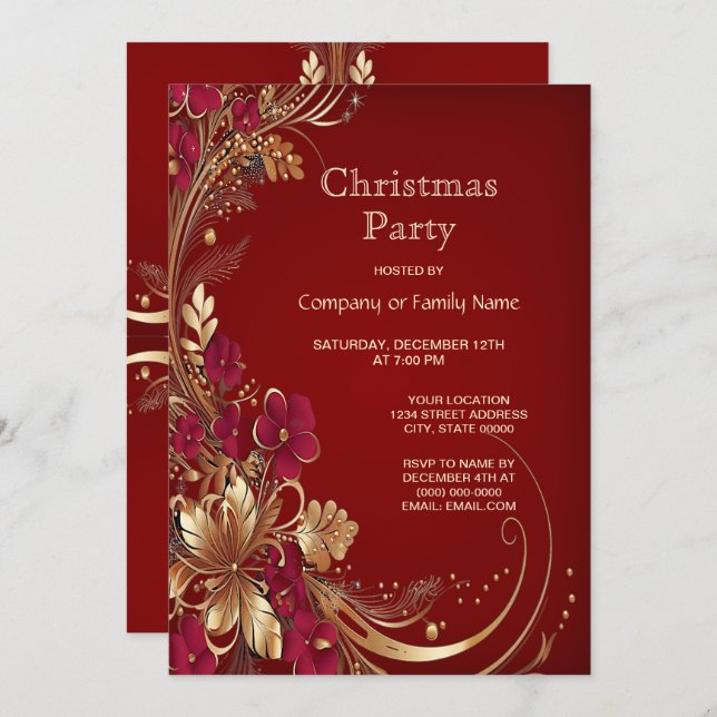 Julfestinbjudan till Red Guld Blommigt Inbjudningar (Fram/baksida)