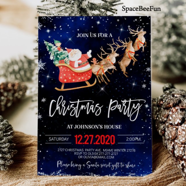 Julfestinbjudan Vinter Santa Reindeer Inbjudningar (Christmas party invitation Winter Santa Reindeer  sled invite Birthday Holiday party)