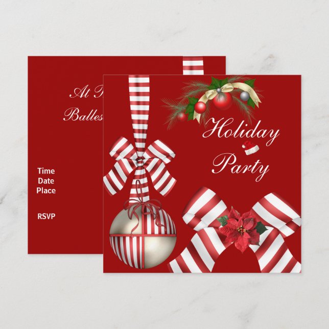 Julfestlighetsfest Röd Vit Candy Stripe Bow 4 Inbjudningar (Fram/baksida)