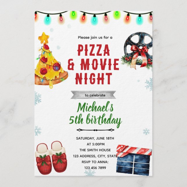 Julfilmspizza och Pyjamasparty-inbjudan Inbjudningar (Framsida)