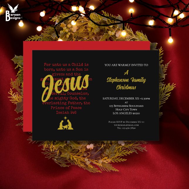 JULFIR oss julfest Inbjudningar (Christian Christmas FOR UNTO US Party Invitation based on Isaiah 9:6 with nativity design.)