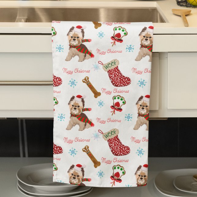 Julfirande med Yorkie-mönster   Kökshandduk (Skapare uppladdad)