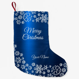 Julfirande Vita Snöflingor Marinblå Liten Julstrumpa