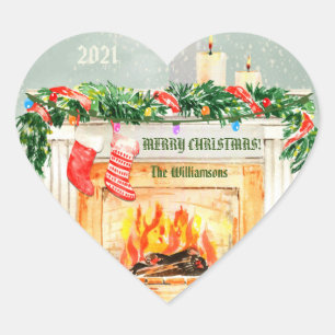 Julfireplace Scene Snö Globe Effect Namn Hjärtformat Klistermärke