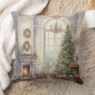 Julfireplace Window Träd Blue Kudde