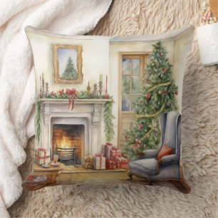 Julfireplace Window Träd Blue Kudde