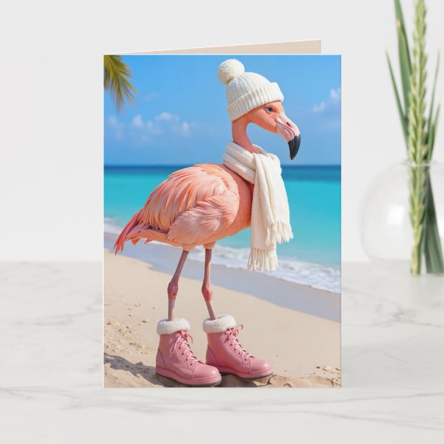Julflamingo iklädd vinterdräkt kort (Framsida)